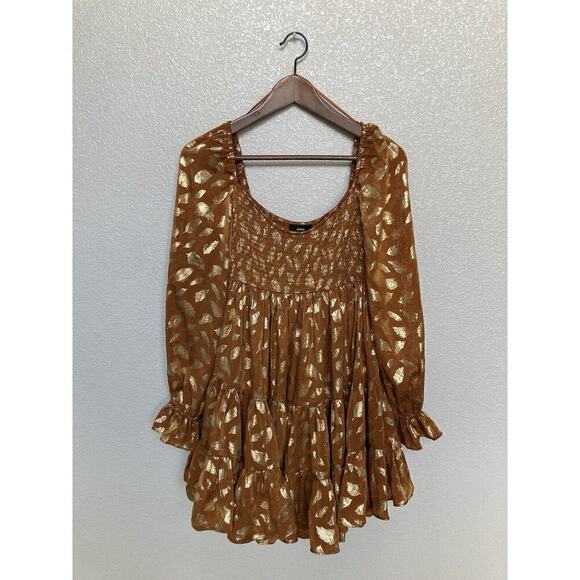 NWOT AEOM Foil Leaf Smocked Peasant Brown Mini Dress sz S tiered boho cottage - Picture 1 of 5